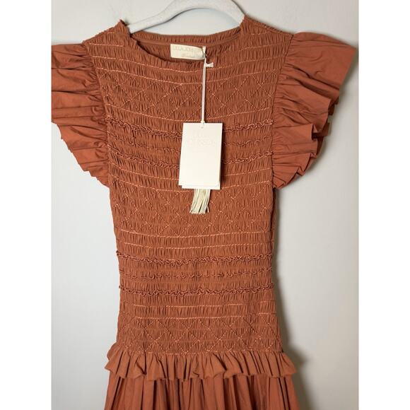 ULLA JOHNSON Madeline Smocked Cotton Midi Dress Brown Pockets Size 0 NWT $595 - Picture 12 of 16